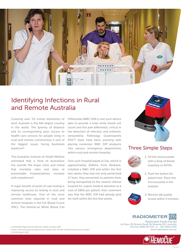 Identifying Infections in Rural and Remote Australia 1. AIHW Web Report Rural & Remote Health October 2019 <https://www.aihw.gov.au/reports/rural-health/rural-remote-health/contents/rural-health> 2. AIHW Report 2014 Covering over 7.6 million kilometres of land, Australia is the 6th largest country in the world. The tyranny of distance and its corresponding poor access to health care services for people living in rural and remote communities is one of the biggest issues facing Australian medicine¹.