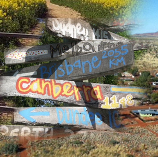 Collage of rural locations and roads with centre handmade state capital wooden sign.