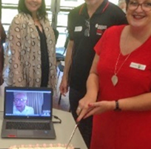Bronwyn Mathieson, David Lindsay, and Adele Baldwin. On the laptop screen is Ed