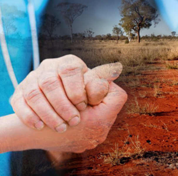 Medical practictioner holding older persons hand with outback image