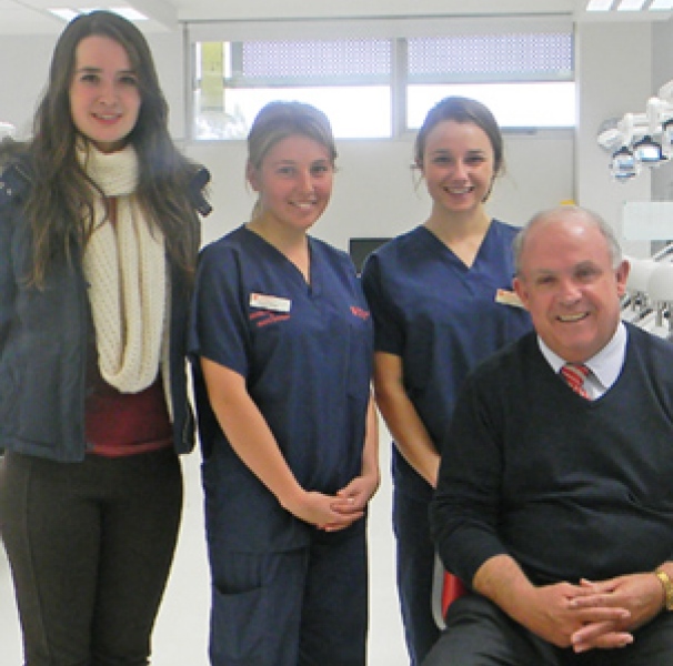 Scholarship recipients Amelia Judson (2013), Alayne White (2012) and Jessica Powell (2011) with Senator John Williams when he visited Charles Sturt University, Orange, in 2013
