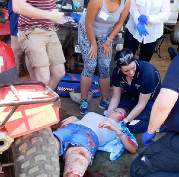 Woman simulating quadbike injury