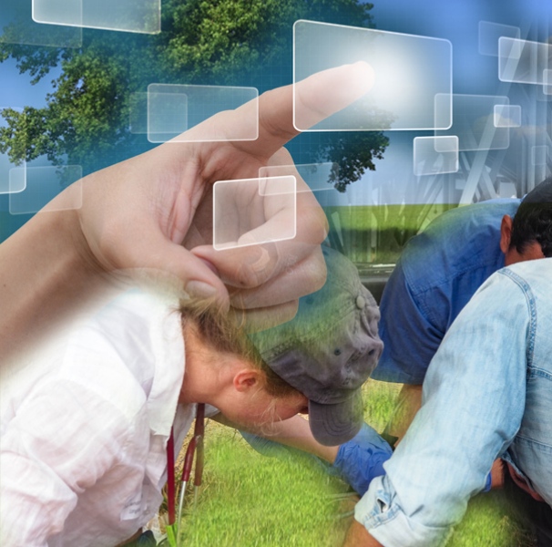 Collage of rural doctors and hand pointing to digital folders