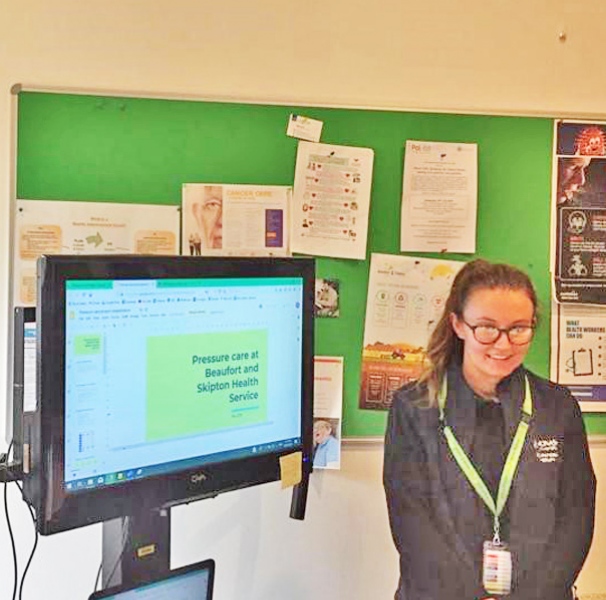 Students Erin Fahey (left) and Madeline Nixon (right) putting on an education session for nursing staff. Photo: Charmaine Swanson