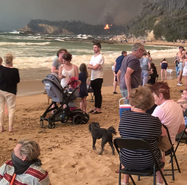 Malua bay on the beach during a bushfire