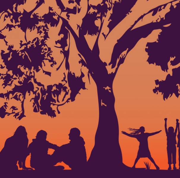 Friends illustration of a tree with people underneath