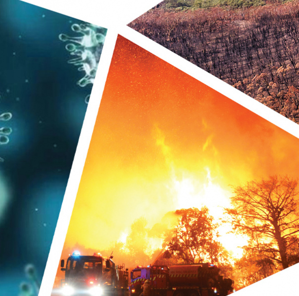 Natural disaster report cover showing fire, drought and virus