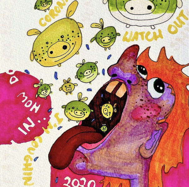 Watercolour cartoon painting of person opening their mouth with characters coming out. An impression of COVID-19 by artist Klara Royster.
