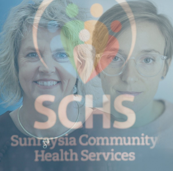 SCHS logo with Simone Heald, CEO of Sunraysia Community Health Services.  Michele Conlin, PhD student.