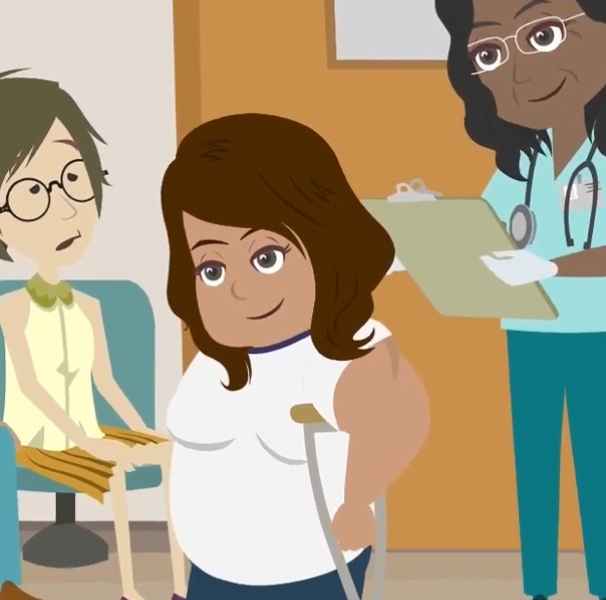Cartoon graphic of hospital. Examples of the 11 Ezidi refugee videos available.
