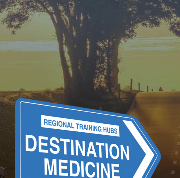 Regional training Hubs Destination Medicine sign next to rural road