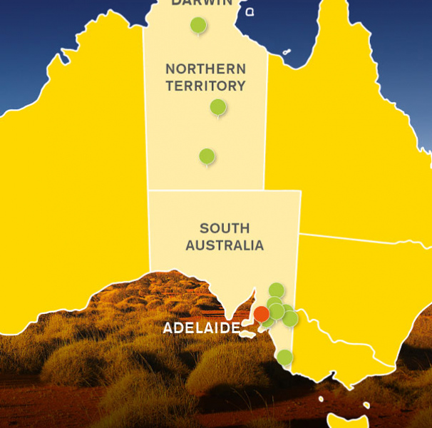 Graphic of Australia showing Flinders University locations in NT and SA