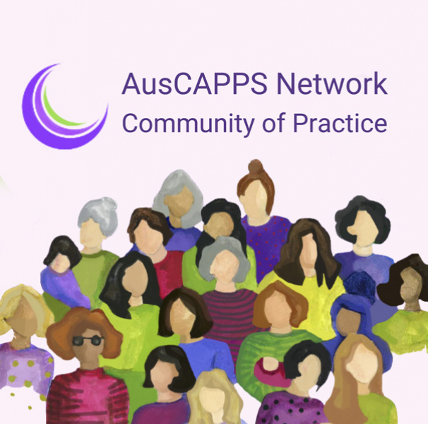 Illustration of many women with logo. AusCAPPS Network Community of Practice