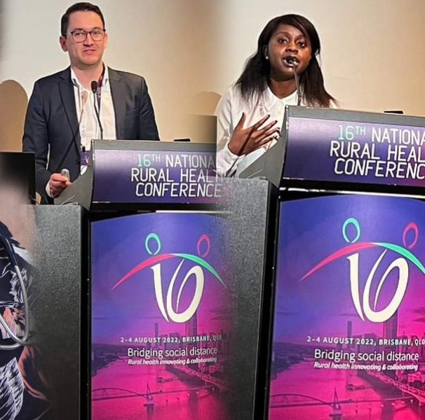 RANZCOG Board Director, Dr Jared Watts, and Cynthia Tapiwa, Project Lead, Women’s Health, Research and Policy, presenting the mapping project at the 16th National Rural Health Conference in August 2022. [Image: Michelle Zhang, RANZCOG]