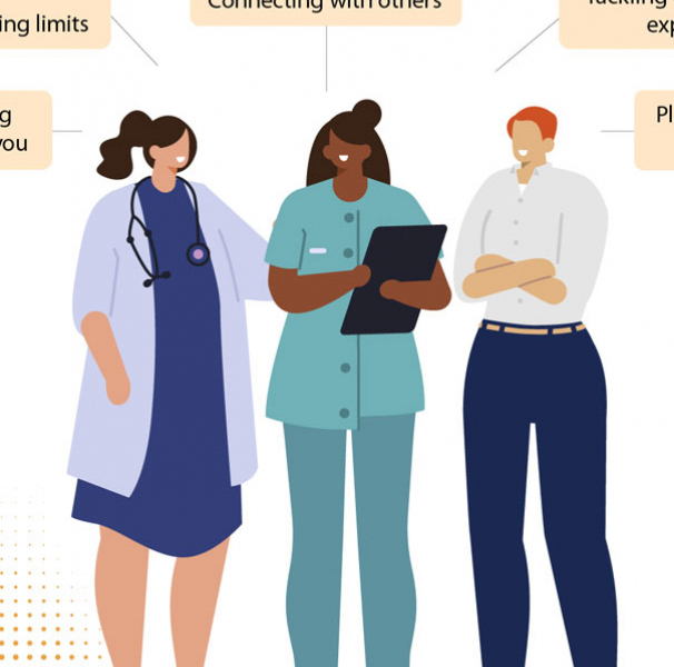 Strategies to navigate burnout graphic of three people