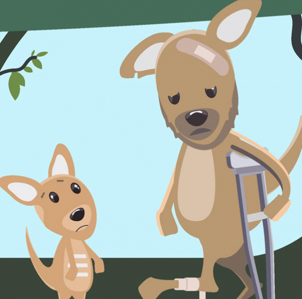 So Things Have Been a Bit Different – Ben’s Story explores the challenging issue of injury in service. Cartoon of injured adult kangaroo with young kangaroo