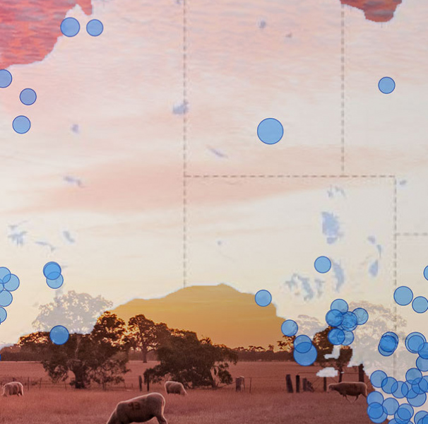 QLife contacts by location in regional areas, mapped around Australia, superimposed over a scene of a field of sheep at sunset