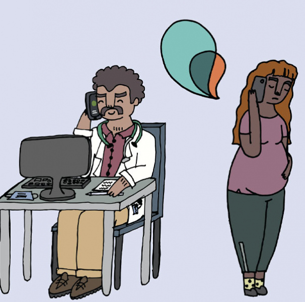 Cartoon of Dr at his desk calling pregnant woman standing up.