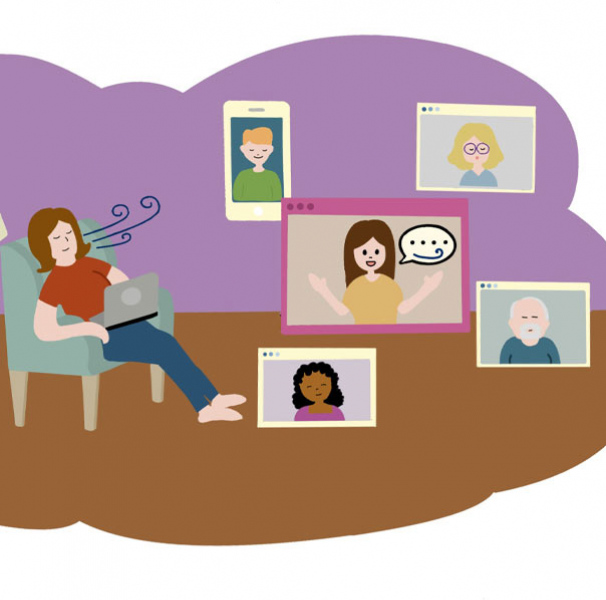 Illustration showing woman sitting down breathing out with social media images floating around inside thought bubble