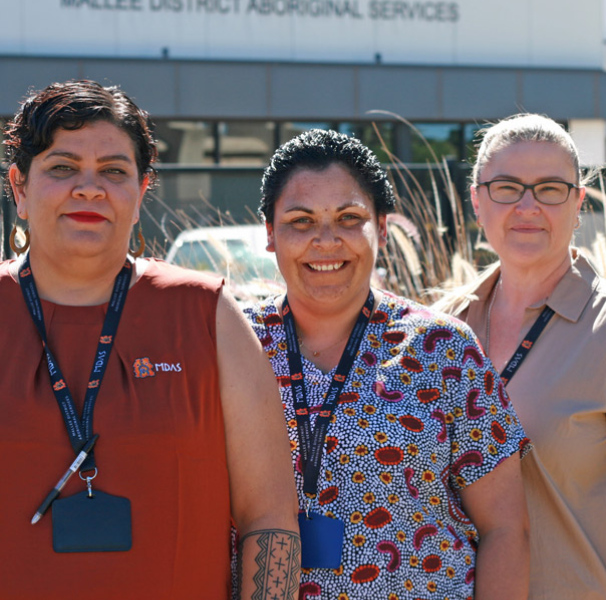 Mallee District Aboriginal Services staff (L to R): Crystal Kirby Clinical Practice Manager, Justine Williams Primary Health and Director of Health and Clinical Service, Kelly Dart, Educator.