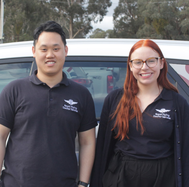 Charlotte Mullens with Flying Doctor Mobile Eye Care optometrist, Austin Tang, in Cann River, Victoria.