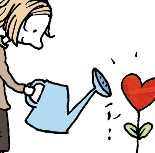 Illustration of a girl watering a heart plant with a dog looking on