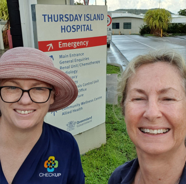 (L-R) CheckUP’s Evaluation Coordinator Kylie Rixon and Evaluation Lead Philippa Hawke on Thursday Island during a visit in March 2023.