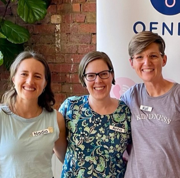 Endometriosis Nurse Coordinator Anna (centre) at the 2023 Melbourne QENDO workshop networking with Dietitian Nadia Maxwell (left) and Endo Help founder Kat Stanley (right).