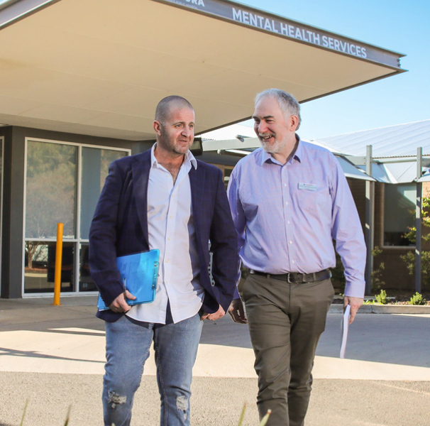 Chris Harvey (left), Suicide Prevention Program Manager, and Dr Sean MacDermott (right), outside Mildura Mental Health Services.