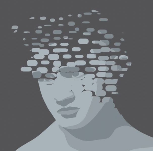 Artwork of persons head in multiple pieces