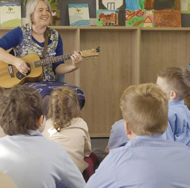 St Joseph’s Catholic Primary School teacher and Stormbirds Companion, Nerida Cuddy engages the students through song.