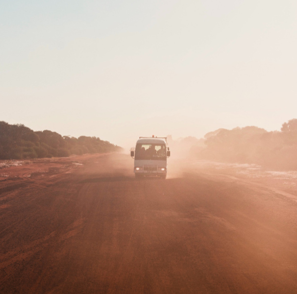 Bus travelling on a desert road