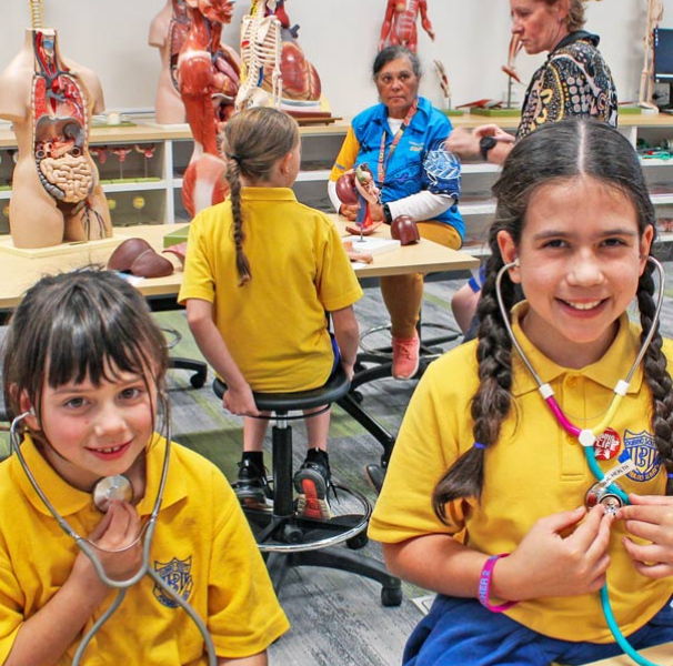 Boy and girl school children in a medical school room