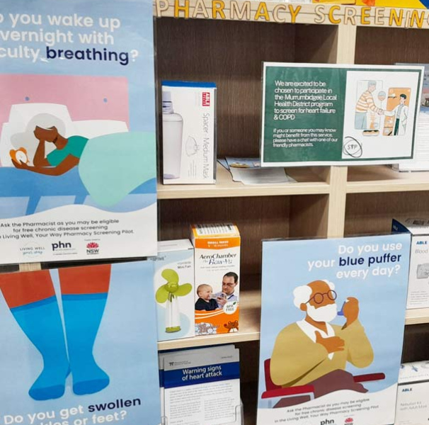 The in-store pharmacy screening program promotion at Soul Pattison Chemist in Deniliquin which was one of the 11 participating pharmacies in the screening pilot