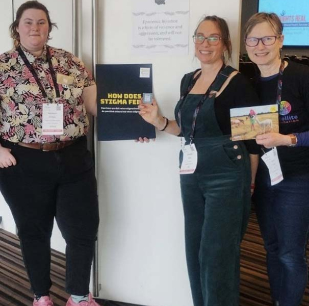 The StigmaBeat team preparing to present the workshop at The Mental Health Services Conference (TheMHS) in Adelaide in August 2023. Left to right: Leanne Vuong (Satellite Foundation), Jessica Coburn, Harlequin Goodes, Dr Rochelle Hine (Monash University) and Rose Cuff (CEO of Satellite Foundation).