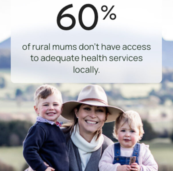 Screen grab of mother and children in a field with text overlay 60% of rural mums don’t have access to adequate health services locally.