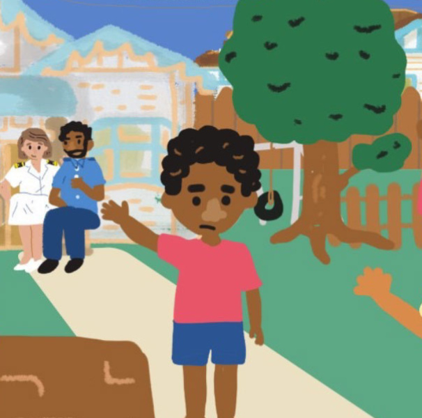 Boy waving to a friend in front of his house with a for sale sold sign