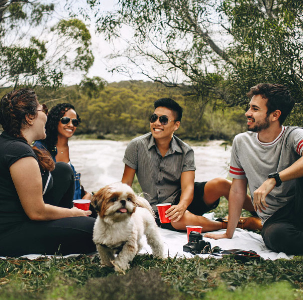 People pick-nicking besides a river in a bush setting