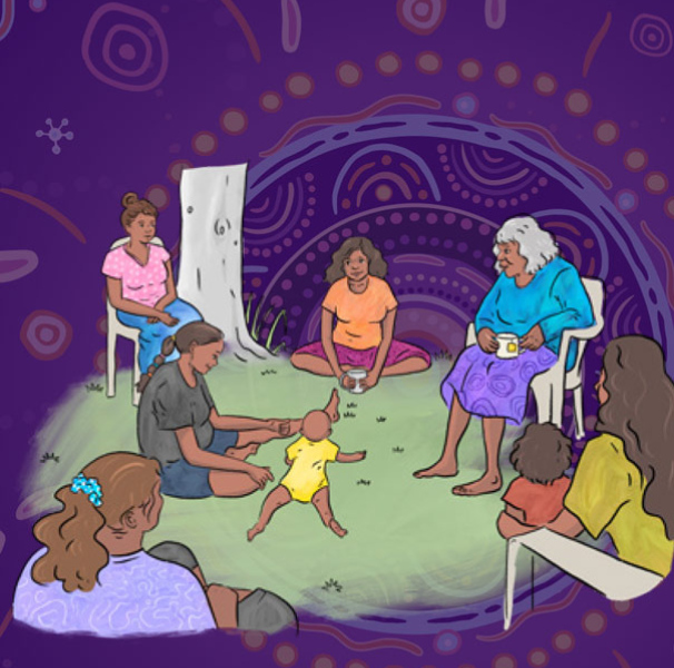 Illustration of woman gathered around a baby playing - from the booklet